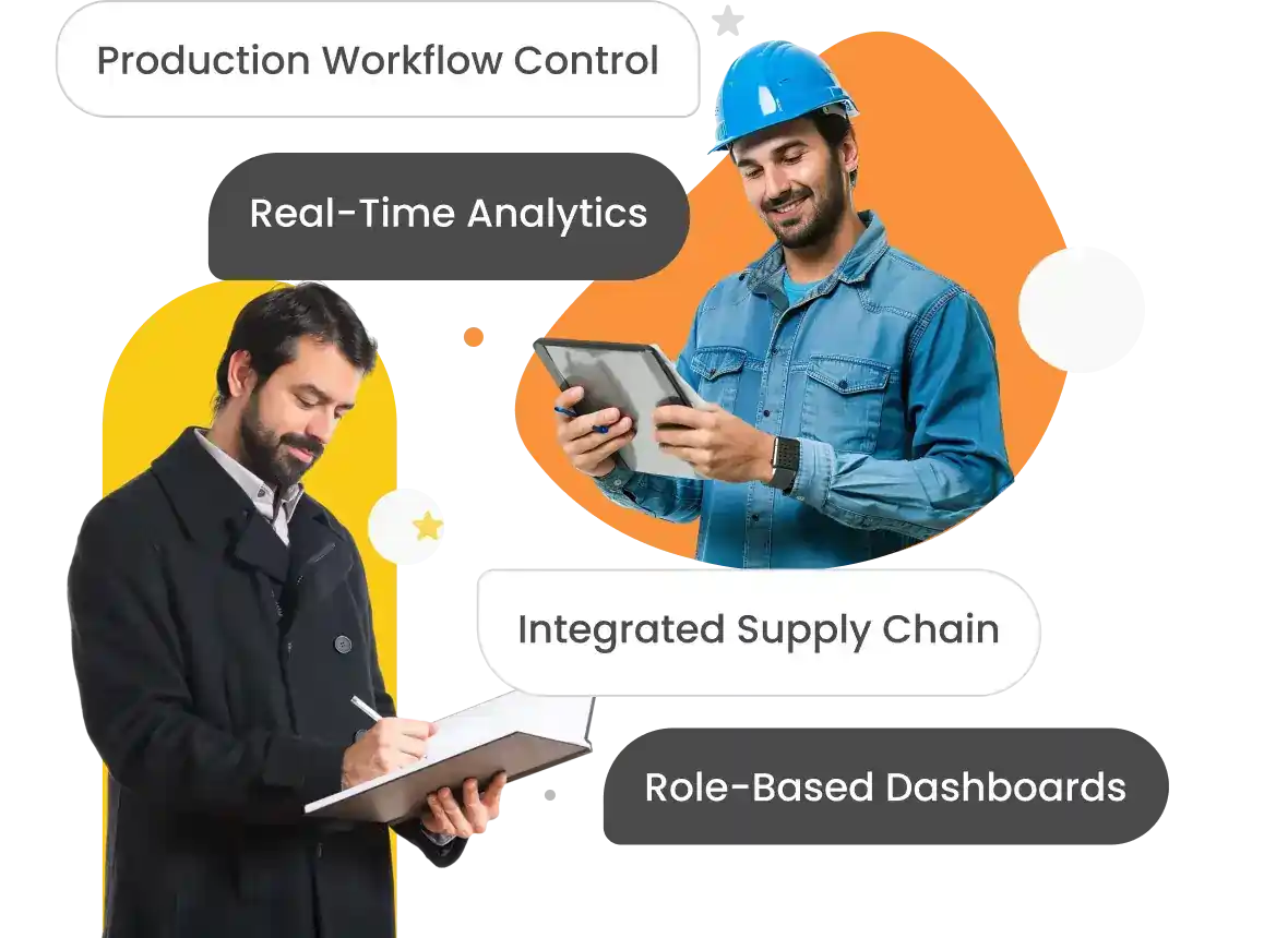 Production manager reviewing manufacturing ERP dashboard on a tablet