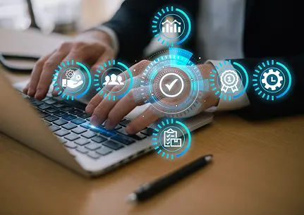 ERP implementation process showing digital workflow phases, system integration, and performance tracking for UAE businesses