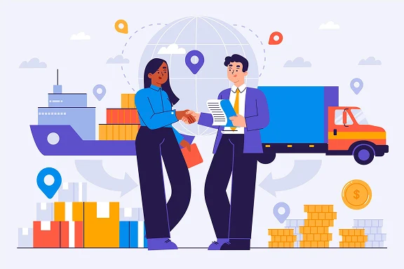 Logistics ERP software managing supply chain, shipping operations, inventory, and business coordination with digital tracking and global network illustration