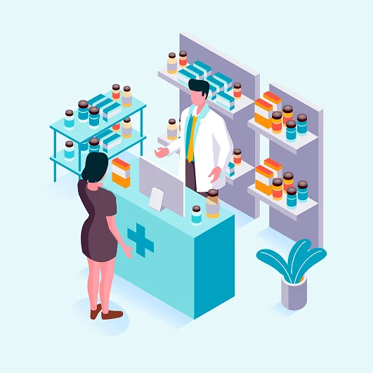 Pharma ERP system managing pharmacy inventory, prescriptions, and compliance with pharmacist assisting customer at digital counter