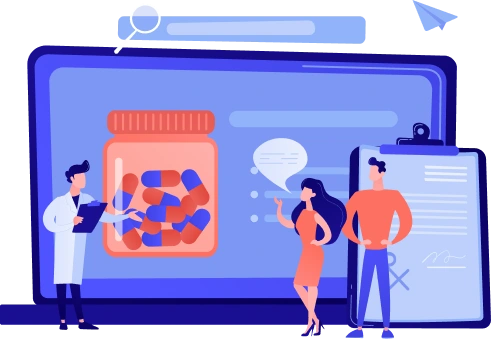 Pharma ERP software system managing pharmaceutical production, inventory, and compliance with digital dashboard and medical professionals illustration